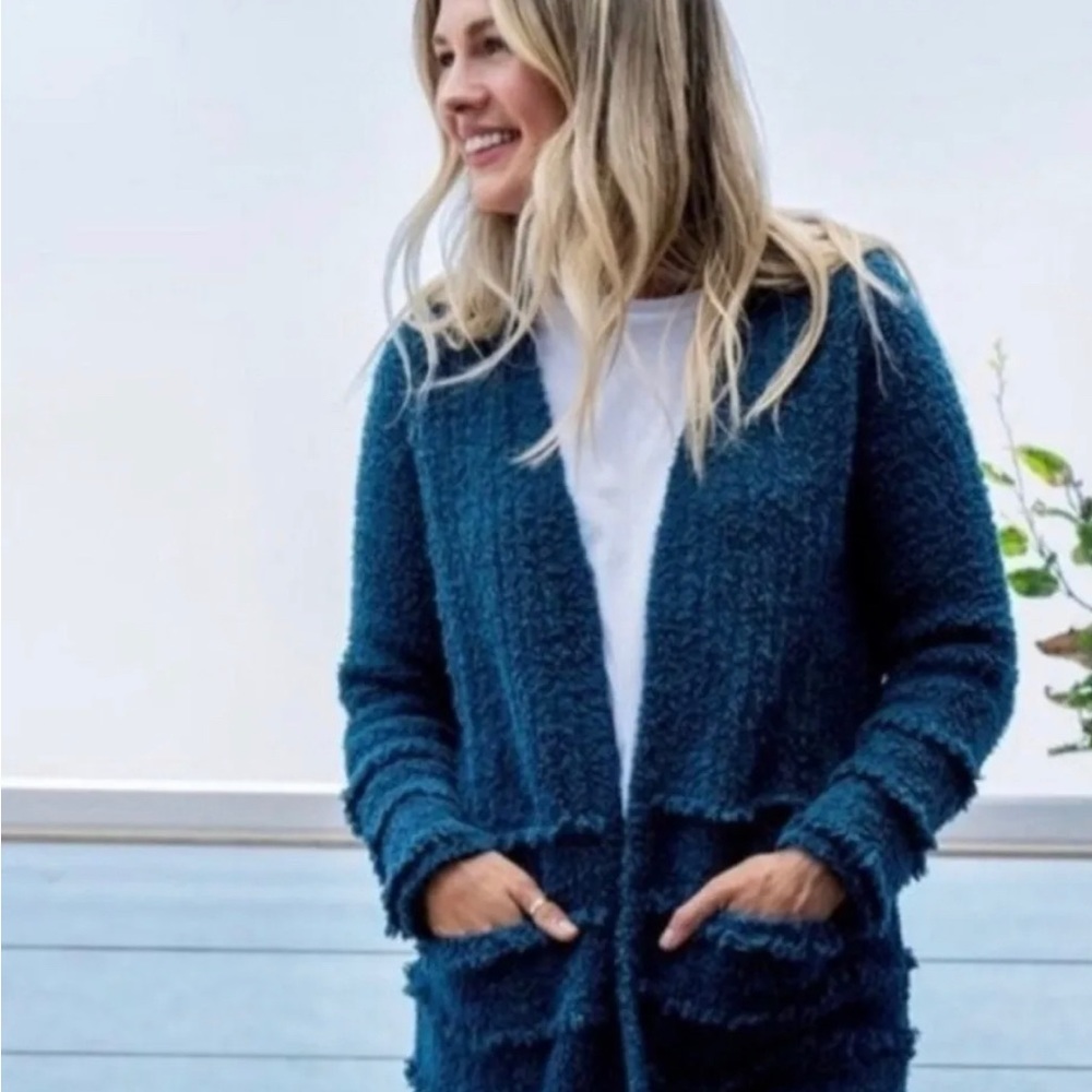 Barefoot Dreams CozyChic Boardwalk Open Cardigan Teal Blue Fringe Size: XL